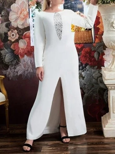 Vestido de noche de fiesta de corte A con abertura frontal y mangas largas